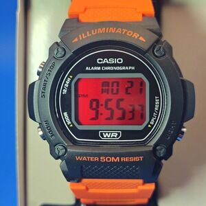 New 2024 Casio W-219H 43mm Mens Digital Quartz Watch Orange Full Set W/ Box